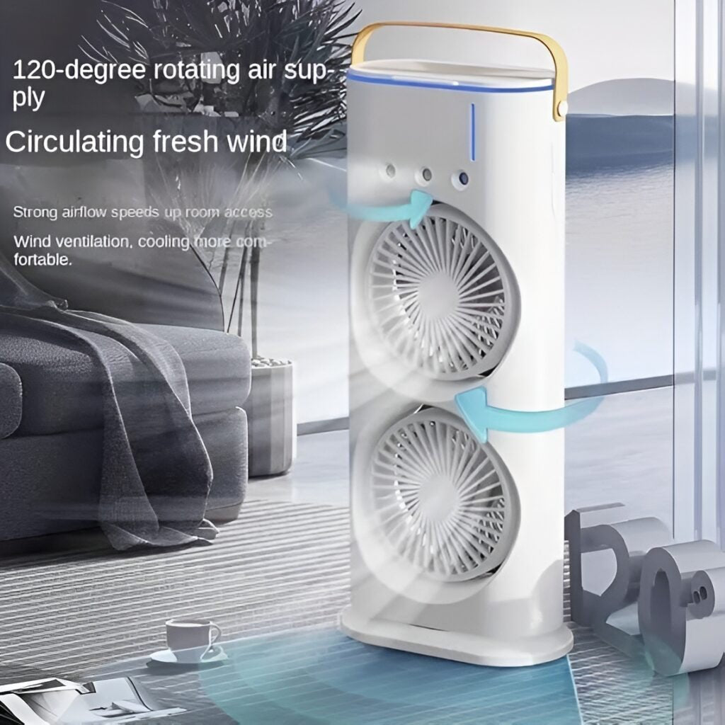 Rechargeable Portable Mini Double Fan Air Cooler With Mist Humidifier And Led Lighting, Mini Table Cooling Fan - ZEEBLENDZ.PK