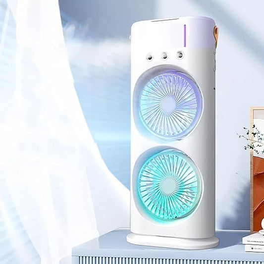 Rechargeable Portable Mini Double Fan Air Cooler With Mist Humidifier And Led Lighting, Mini Table Cooling Fan - ZEEBLENDZ.PK