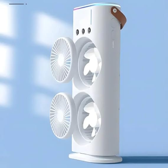 Rechargeable Portable Mini Double Fan Air Cooler With Mist Humidifier And Led Lighting, Mini Table Cooling Fan - ZEEBLENDZ.PK